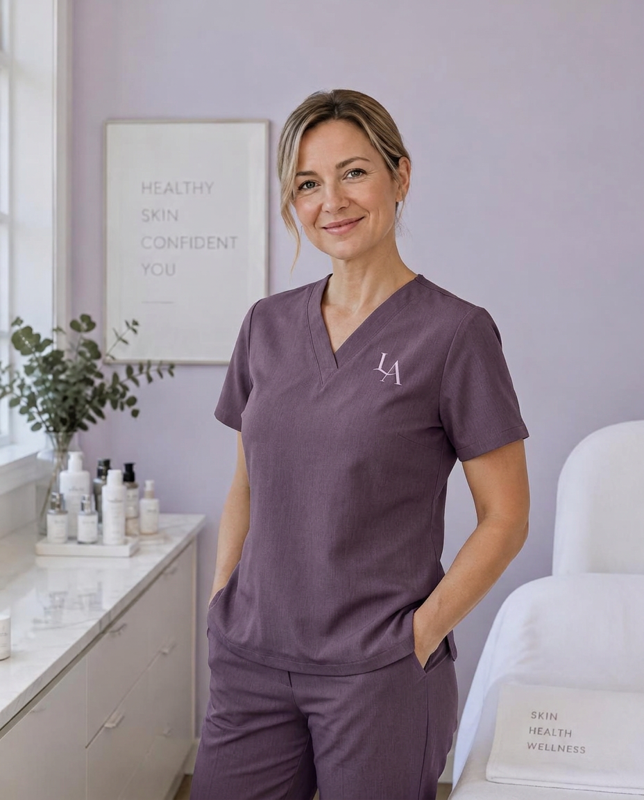 A Lilac Aesthetics registered nurse in the Lilac plum scrub uniform, in the treatment room