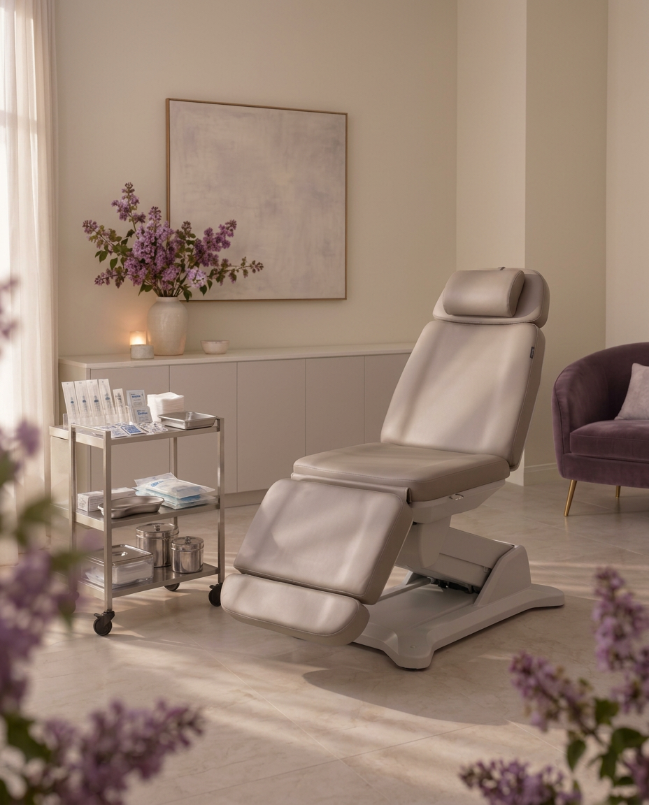 The upright treatment chair and a cart of medical supplies in the treatment room at Lilac Aesthetics